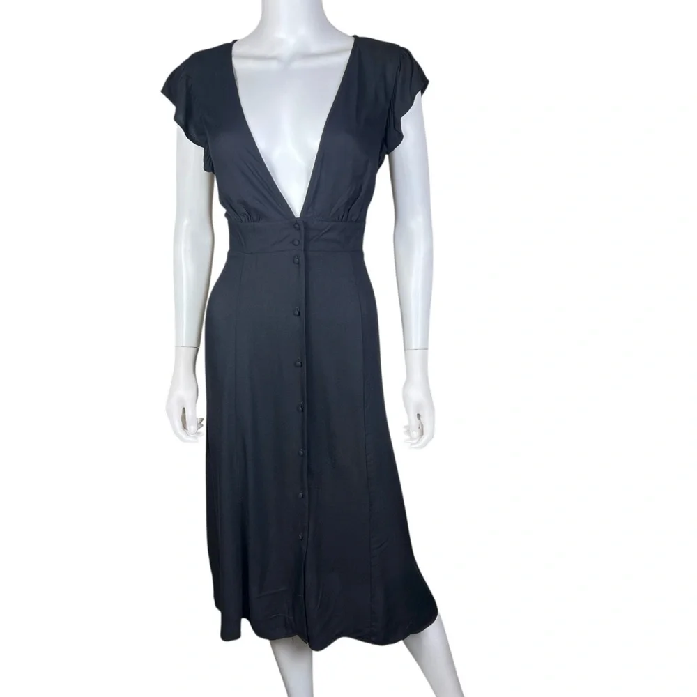 New Forever 21 Contemporary Deep Plunge V-Neck Black Midi Dress - Picture 1 of 10